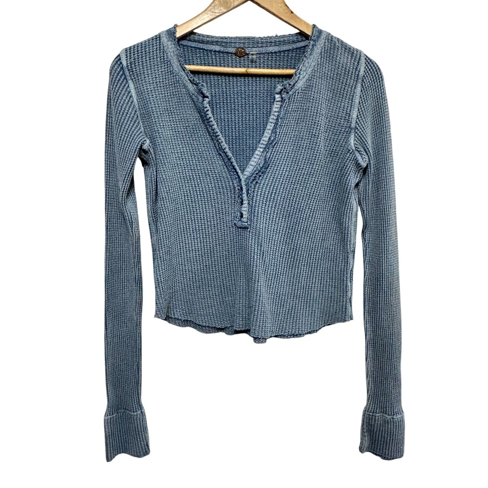 Free People FP One Henley Top Women Large Crop Waffle Knit Long Sleeve Thermal